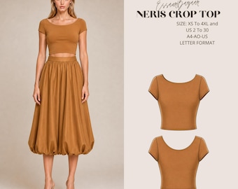 Neris Crop Top Sewing Pattern, Boat Neck Knit Top, Fitted Silhouette (PDF Download)