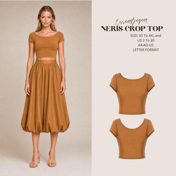Neris Crop Top Sewing Pattern, Boat Neck Knit Top, Fitted Silhouette (PDF Download)