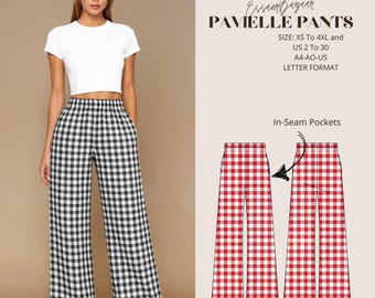 パヴィエル ワイドレッグパンツ型紙、レディース パラッツォパンツ型紙、ラウンジウェア型紙、ゴムウエストパンツ、USレターサイズ-A4-A0サイズ