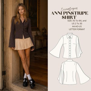 Puede incluir: Una mujer con una camisa a rayas marrón con mangas acampanadas y una falda plisada beige. La imagen incluye el texto "ANNI PINSTRIPE SHIRT" y detalles de tallas. El diseño de la camisa también se ilustra.