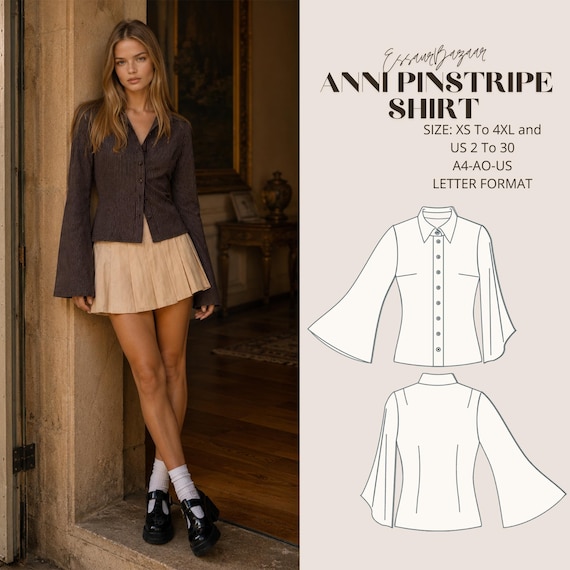 Anni Pinstripe Shirt Sewing Pattern, Vintage Style Wide Sleeve Blouse (Digital Download)