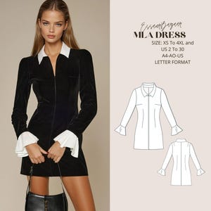 Vestido Mila, Vestido de manga larga, Patrón de costura en PDF, Costura digital, Vestido de costura para mujer, Adecuado para formato Carta-A4-A0 de EE. UU.