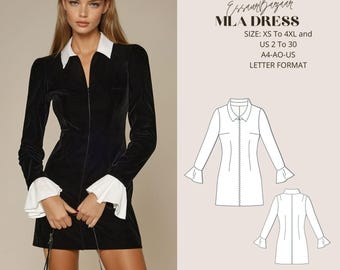 Milaジップドレスの縫製パターン、フラウンススリーブ、デジタル縫製パターン、長袖ウェディングドレス、米国レターA4-A0サイズに適しています