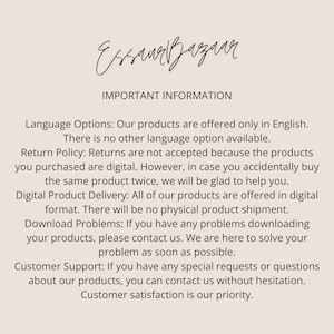 K&ouml;nnte beinhalten: Eine hellbeige digitale Informationskarte mit schwarzem Text. Die &Uuml;berschrift lautet EssaurBazaar, gefolgt von IMPORTANT INFORMATION. Der Text erl&auml;utert Sprachoptionen, die R&uuml;ckgaberichtlinie f&uuml;r digitale Produkte und den Kundensupport.