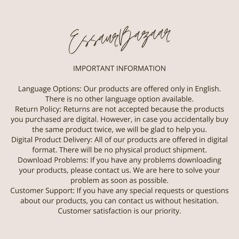 K&ouml;nnte beinhalten: Eine hellbeige digitale Informationskarte mit schwarzem Text. Die &Uuml;berschrift lautet EssaurBazaar, gefolgt von IMPORTANT INFORMATION. Der Text erl&auml;utert Sprachoptionen, die R&uuml;ckgaberichtlinie f&uuml;r digitale Produkte und den Kundensupport.