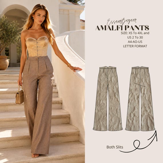Amalfi Pants Sewing Pattern, High Waist Wide Leg Trousers (PDF Pattern)