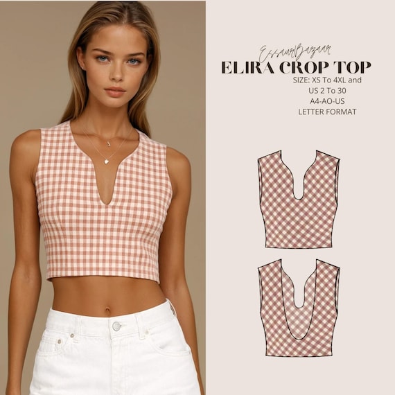 Elira Crop Top Sewing Pattern, Knit Fabric, Deep Keyhole, Open Back (Digital Download)