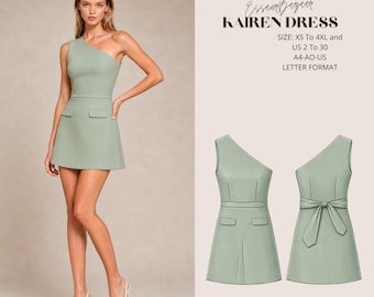 Kairen Dress Sewing Pattern PDF, Asymmetrical Mini Dress Pattern, Woven Dress PDF, One Shoulder Dress Pattern, XS-4XL