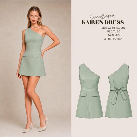 Kairen Dress Sewing Pattern PDF, Asymmetrical Mini Dress Pattern, Woven Dress PDF, One Shoulder Dress Pattern, XS-4XL