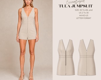 Tula Jumpsuit Sewing Pattern PDF, Women's Knit Romper Pattern, Plunging V Neck Jumpsuit, Shorts Romper PDF, Digital Sewing Pattern XS-4XL