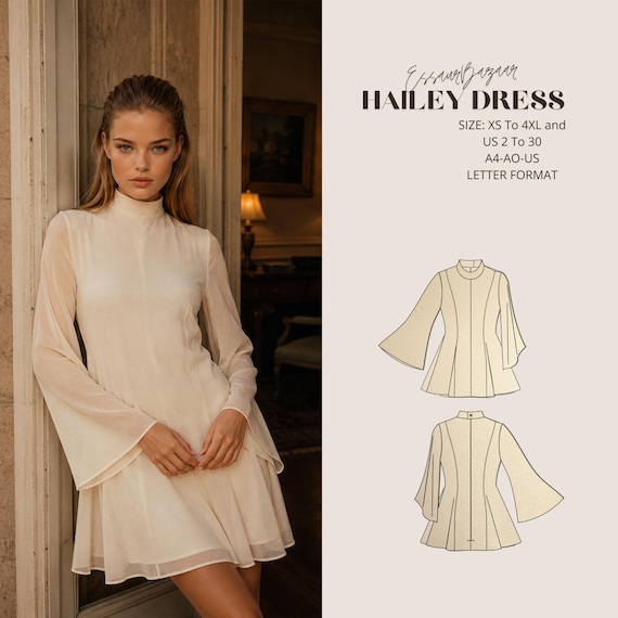 Hailey Dress Sewing Pattern, Elegant Bell Sleeve A-Line, Sizes XS-3XL (Digital Download)