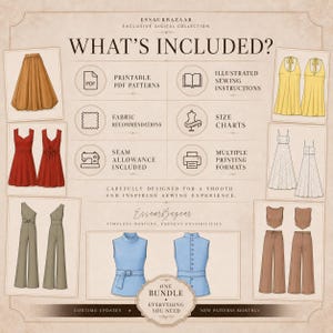 K&ouml;nnte beinhalten: Eine Infografik f&uuml;r eine digitale Schnittmuster-Kollektion mit dem Titel WHAT'S INCLUDED? mit Illustrationen von R&ouml;cken, Kleidern, Jumpsuits und Oberteilen. Sie listet druckbare PDF-Schnittmuster, N&auml;hanleitungen, Stoffempfehlungen und Gr&ouml;&szlig;entabellen auf.
