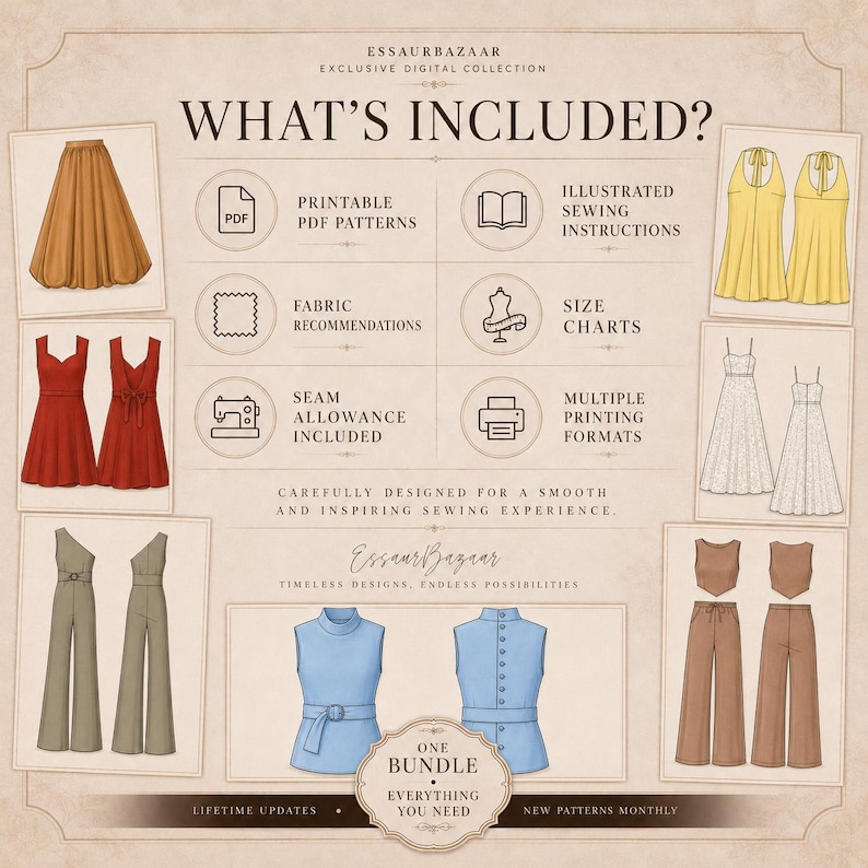 K&ouml;nnte beinhalten: Eine Infografik f&uuml;r eine digitale Schnittmuster-Kollektion mit dem Titel WHAT'S INCLUDED? mit Illustrationen von R&ouml;cken, Kleidern, Jumpsuits und Oberteilen. Sie listet druckbare PDF-Schnittmuster, N&auml;hanleitungen, Stoffempfehlungen und Gr&ouml;&szlig;entabellen auf.