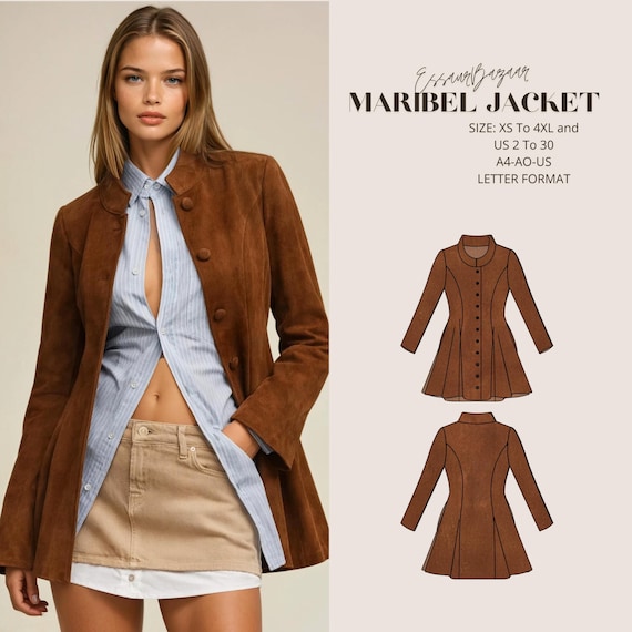 Maribel Jacket Sewing Pattern, Mini Coat Dress, Princess Seam, Mandarin Collar (Digital Download)