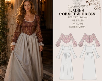 Renaissance Ladies Dress & Corset Sewing Pattern, Celtic Dress, Medieval Boho Dress, Elvish Dress, Cosplay Dress, XS-4XL