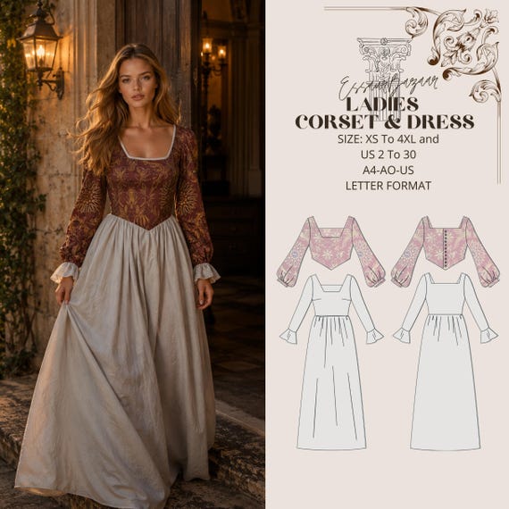 Renaissance Corset Dress Sewing Pattern, Medieval Boho Elvish Cosplay, XS-4XL (Digital Download)