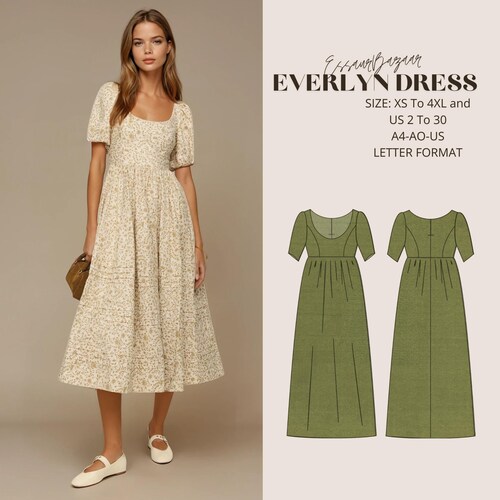 Everlyn Dress Sewing Pattern – Puff Sleeve Midi, Cottagecore Style (PDF Download)