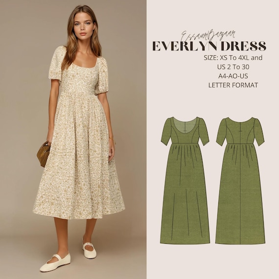 Everlyn Dress Sewing Pattern – Puff Sleeve Midi, Cottagecore Style (PDF Download)