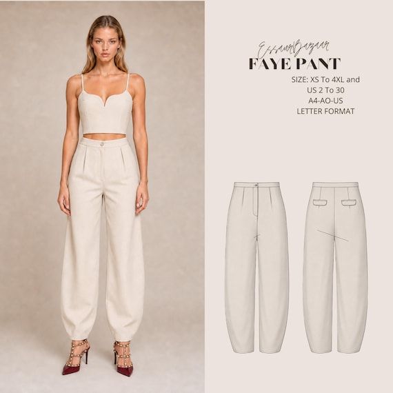 Faye Pant Sewing Pattern PDF, High Waist Trouser Pattern, Women's Wide Leg Pants PDF, Woven Pants Pattern, Digital Sewing Pattern XS-4XL