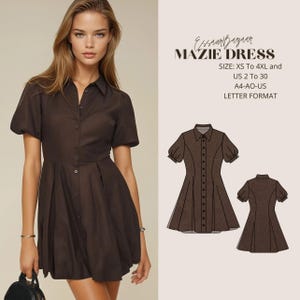May include: A brown button-down dress with short sleeves and a pleated skirt. The dress is shown on a model and also as a line drawing. The text on the image reads "ExaurBazaar Mazie Dress Size: XS to 4XL and US 2 to 30 A4-AO-US LETTER FORMAT".