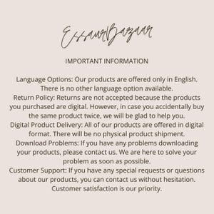 May include: Cream-colored background with the handwritten text "Esau Bazaar" at the top. Below, the text "IMPORTANT INFORMATION" is displayed. The text explains the product's language options, return policy, digital delivery, download issues, and customer support.