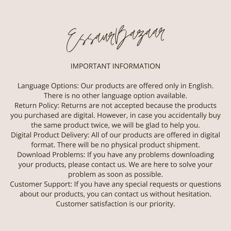 May include: Cream-colored background with the handwritten text "Esau Bazaar" at the top. Below, the text "IMPORTANT INFORMATION" is displayed. The text explains the product's language options, return policy, digital delivery, download issues, and customer support.