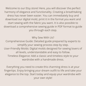 May include: Text on a cream background reads: "Welcome to our Etsy store!" and describes digital sewing patterns and guides. It highlights ease of use, comprehensive guides, and timeless elegance for creating handmade dresses.