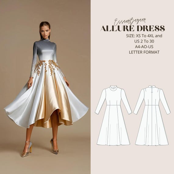 Allure Dress Sewing Pattern - XS to 4XL - A4-A0-US Letter Format (Digital Download)