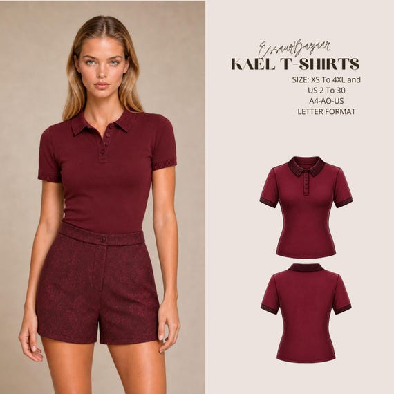 Kael Women's Polo T-Shirt Sewing Pattern PDF, Polo Shirt Pattern, Knit Top PDF, Short Sleeve Tee, Digital Sewing Pattern XS-4XL