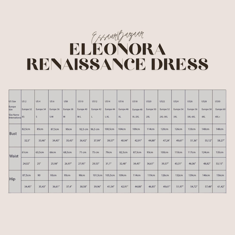 May include: A size chart for the Eleonora Renaissance Dress, featuring bust, waist, and hip measurements in inches and centimeters. The chart includes US and European sizes, ranging from XS to 4XL+.