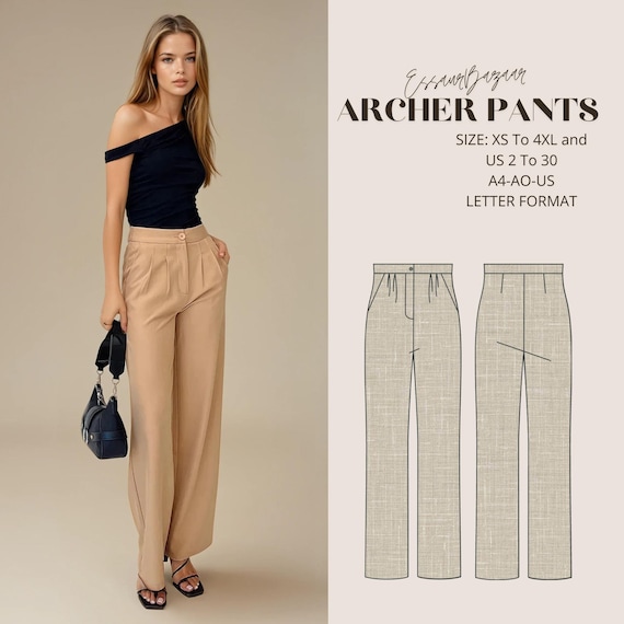 Archer Pants Sewing Pattern, High Waisted Trousers, XS-4XL (Digital Download)