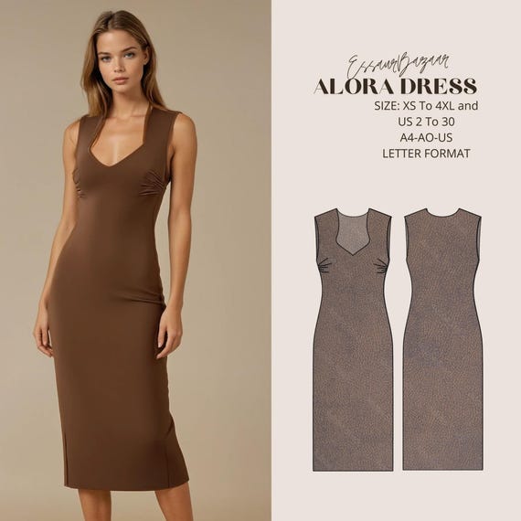 Alora Dress Sewing Pattern - XS to 4XL - Fitted Midi Dress