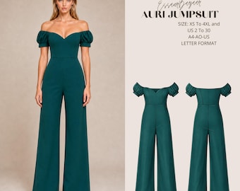Auri Jumpsuit Sewing Pattern PDF, Off Shoulder Jumpsuit Pattern, Women's Knit Jumpsuit PDF, Wide Leg Romper Pattern, XS-4XL