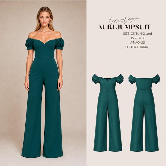 Auri Jumpsuit Sewing Pattern PDF, Off Shoulder Jumpsuit Pattern, Women's Knit Jumpsuit PDF, Wide Leg Romper Pattern, XS-4XL