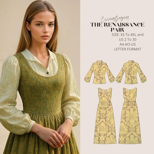The Renaissance Pair Maxi Set (Dress&Shirt), Medieval Cosplay Dress and Corset Pattern, Regency, Pdf For Ditto Projector, US Letter-A4-A0
