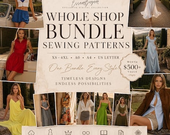 May include: A promotional image for a digital sewing pattern bundle. The image features multiple photos of women wearing various dresses and outfits. Text includes "WHOLE SHOP BUNDLE SEWING PATTERNS" and "One Bundle. Every Style."