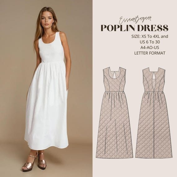 Poplin Summer Dress Sewing Pattern, Beginner Friendly XS-4XL (PDF Pattern)