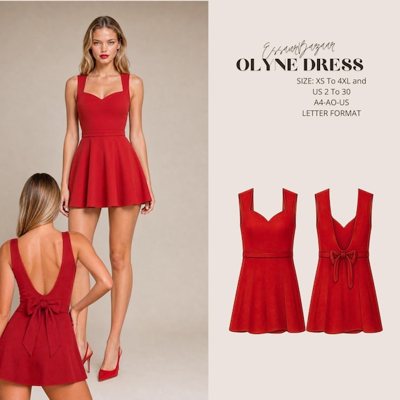 Olyne Dress Sewing Pattern, Sweetheart Mini Dress, Open Back Knit (PDF Download)
