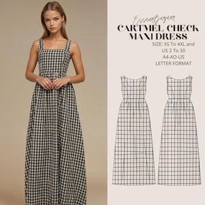 Vestido largo de cuadros Cartmel, patrón de costura en PDF, costura digital, vestido de verano para mujer, adecuado para formato carta estadounidense A4-A0