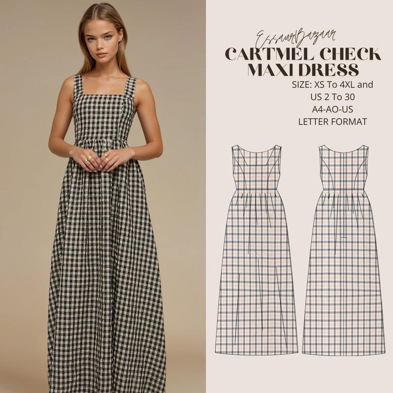 Cartmel Check Maxi Dress, PDF Sewing Pattern, Digital Sewing, Women Sewing Summer Dress, Suitable For Us Letter-A4-A0 Format image 1