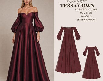 May include: A floor-length burgundy gown with an off-the-shoulder neckline and long, voluminous puff sleeves. The text reads: EssaurBazaar TESSA GOWN SIZE: XS To 4XL and US 2 To 30 A4-AO-US LETTER FORMAT. Includes two technical sketches of the gown.