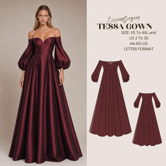 Tessa Heart Neck Gown Sewing Pattern, Prom Dress, Balloon Sleeve (PDF Download)