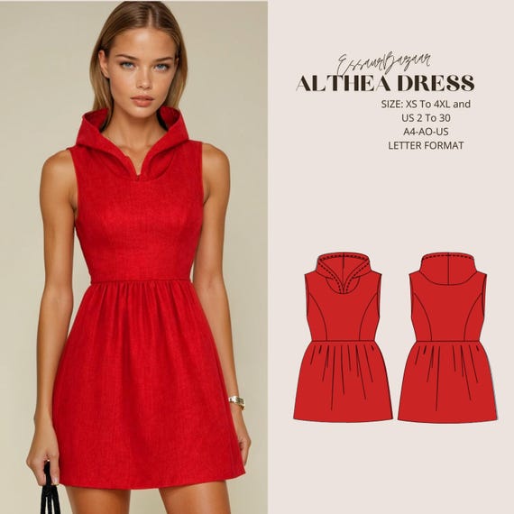 Althea Hooded Mini Dress Sewing Pattern, Voluminous Skirt, Knit Fabric (US Letter/A4)