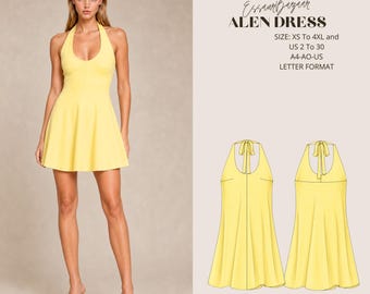 Alen Dress Sewing Pattern, Halter Mini Dress, Open Back, Knit Summer Style (PDF Download)