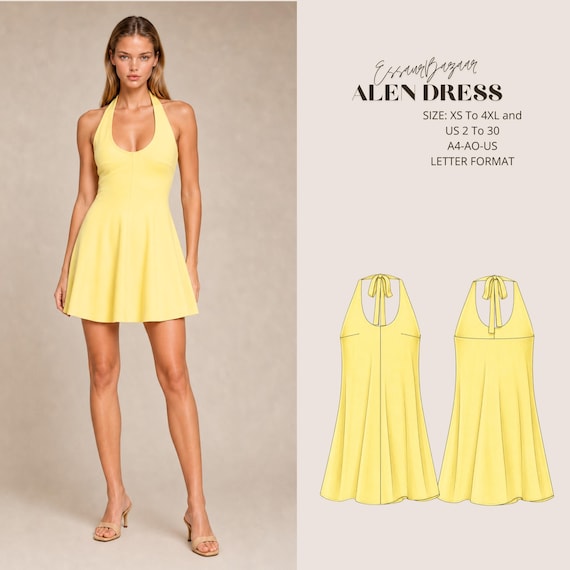 Alen Dress Sewing Pattern, Halter Mini Dress, Open Back, Knit Summer Style (PDF Download)