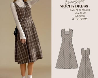 May include: A brown and white plaid dress with a square neckline and sleeveless design. The dress is shown in a flat lay with a pattern overlay. The text "EsaurBazaar Mocha Dress" is shown above the dress. The text "Size: XS to 4XL and US 2 to 30 A4-AO-US Letter Format" is shown below the dress.