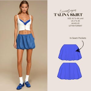 Könnte beinhalten: Eine Frau trägt ein weißes Crop-Top und einen blauen Jeans-Blasenrock. Der Rock hat Eingrifftaschen. Das Bild enthält eine Zeichnung des Talina-Rocks mit dem Text "TALINA SKIRT" und Größenangaben.