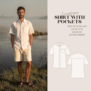 Könnte beinhalten: Ein kurzärmeliges, weißes Hemd mit Knopfleiste, Brusttasche und passender Shorts. Das Bild enthält eine technische Strichzeichnung der Vorder- und Rückseite des Hemdes mit dem Text: EssaurBazaar SHIRT WITH POCKETS, SIZE: XS To 5XL and US 35 To 50, A4-AO-US LETTER FORMAT.