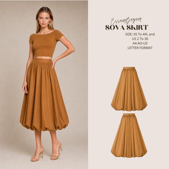 Sova Skirt Sewing Pattern, Gathered Maxi Skirt, Woven Fabric, Pockets (PDF Download)