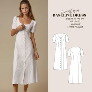 Patrón de vestido básico, patrón de vestido cottagecore, patrón de costura digital fácil en PDF, vestido de verano para mujer, formato carta estadounidense A4-A0, talla XS-4XL